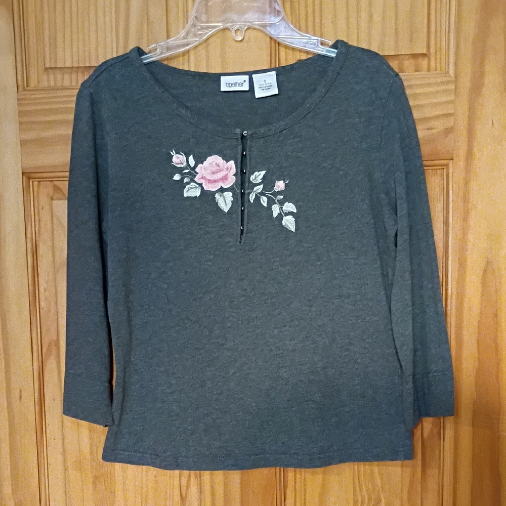 Vintage Together Charcoal Top with Pink Floral Embroidery